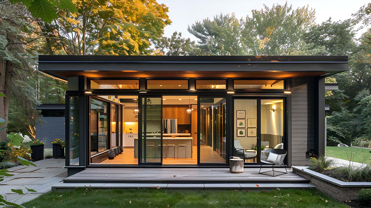 A modern tiny house with a flat roof