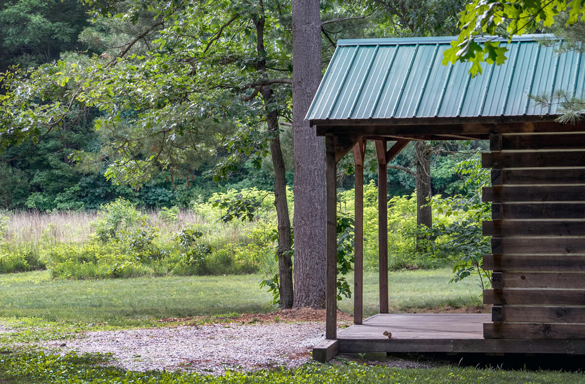 A small cabin is nestled in the woods