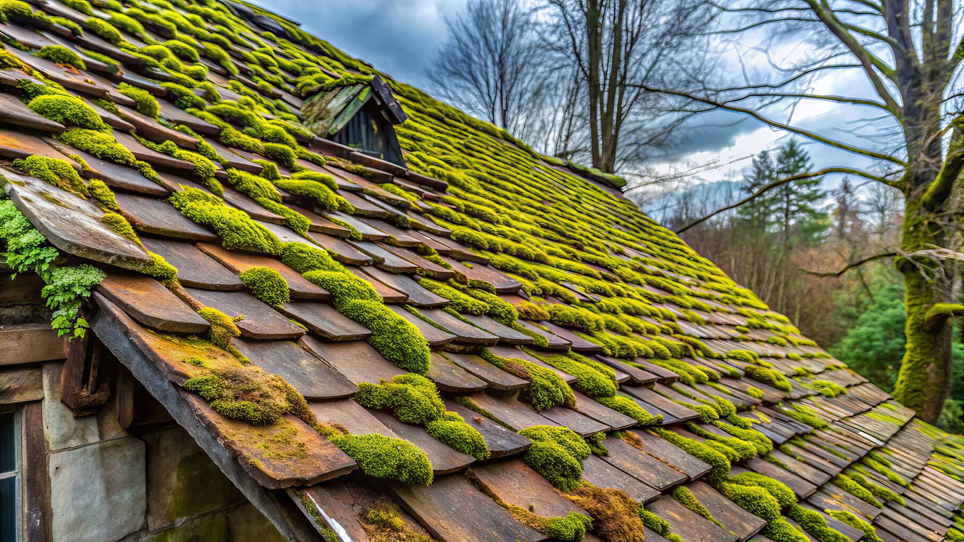 moss and greenery growing on roofs of building due to neglect